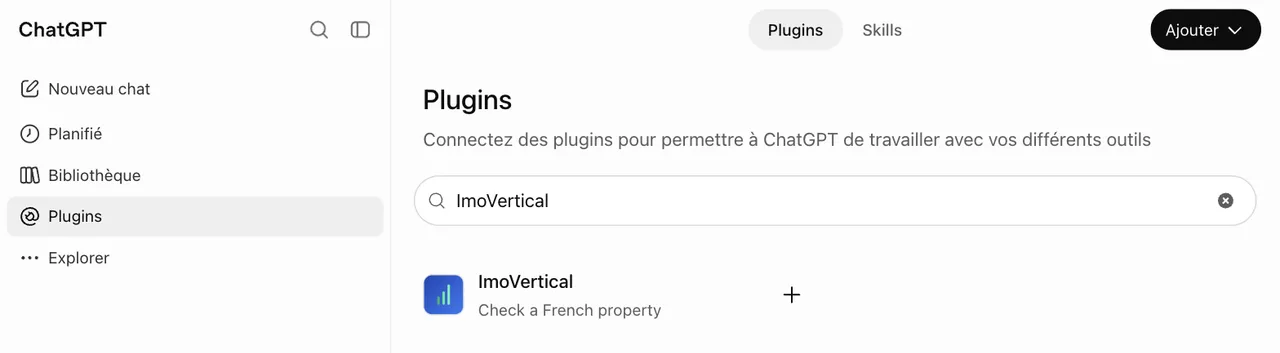 Menu Plugins de ChatGPT, recherche « ImoVertical » : le plug-in ImoVertical apparaît avec la mention « Check a French property ».