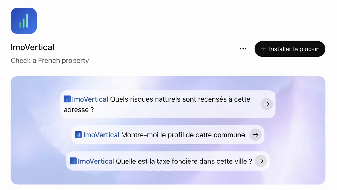 Fiche du plug-in ImoVertical dans ChatGPT, avec le bouton « Installer le plug-in » et trois exemples de questions.