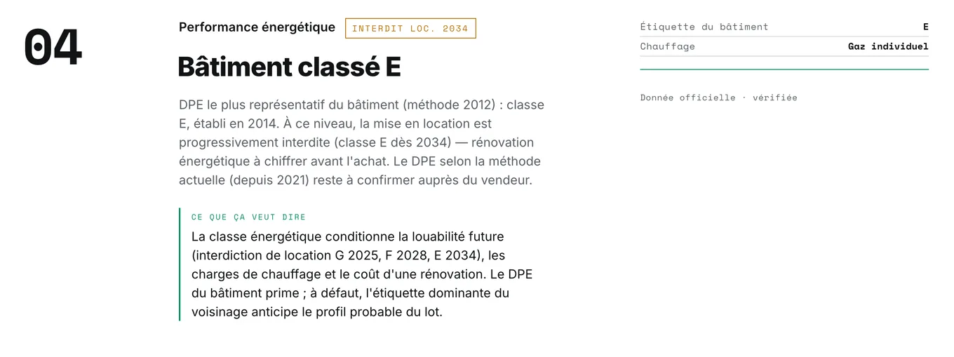 Dimension Performance énergétique d’un rapport ImoVertical : classe DPE du bâtiment et consommation en kWh/m²/an.