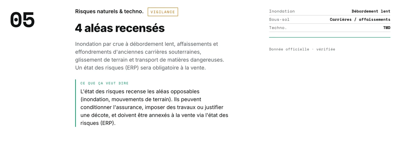 Dimension Risques naturels d’un rapport ImoVertical : carrières souterraines et mouvements de terrain recensés à l’adresse.