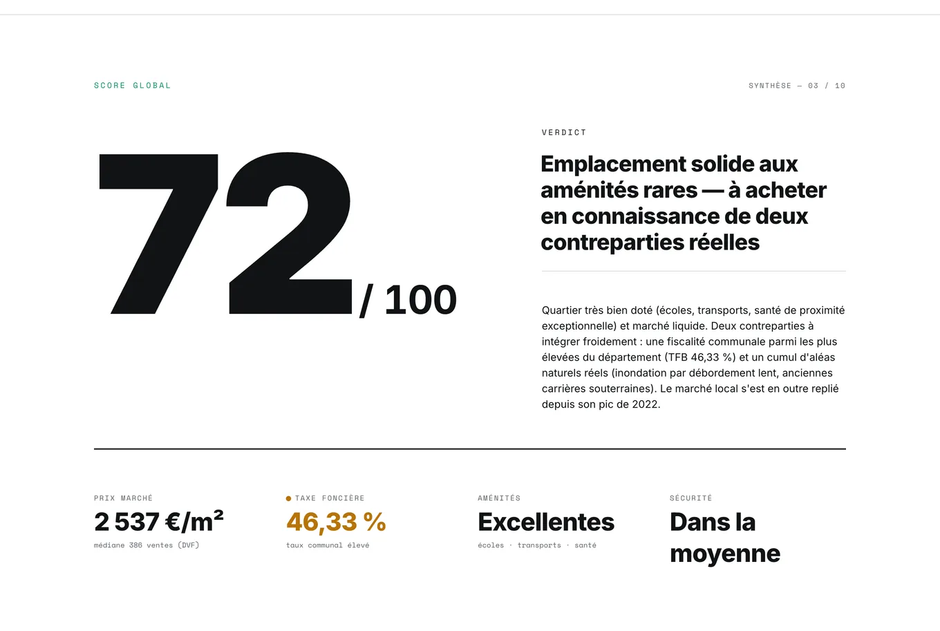 Synthèse d’un rapport ImoVertical : le radon situé parmi les autres dimensions analysées de l’adresse.