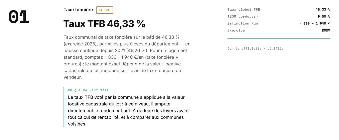 Dimension Taxe foncière d’un rapport ImoVertical : taux communal réel lu par code INSEE dans la base DGFiP.