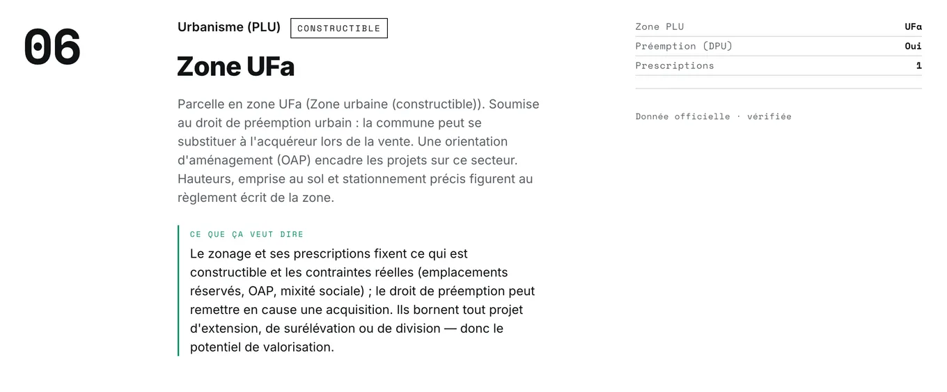 Dimension Urbanisme (PLU) d’un rapport ImoVertical : zonage lu au point exact de la parcelle et prescriptions associées.